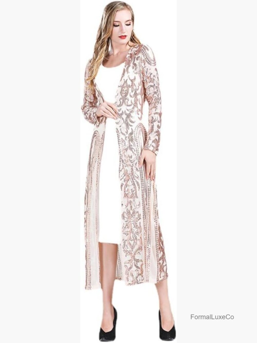 Sequined Duster Cardigan Open Front Long Sleeve Ankle Length Coat Cover Up